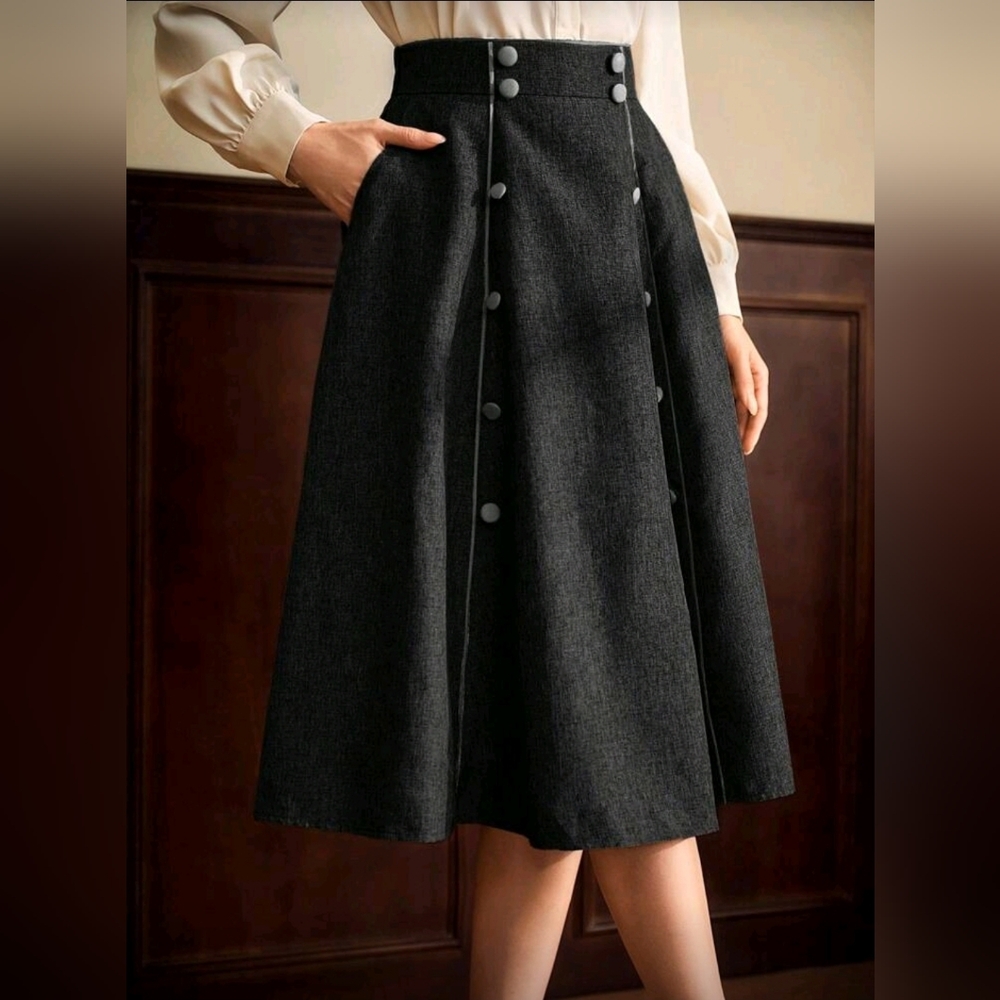 Retro Chic Elegant Black Button-Front A-Line Skirt Medium